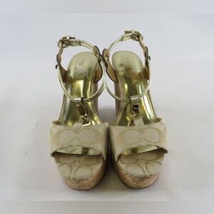 Coach Linen Monogram Platform Wedge Cork Heels Ivory Gold Metallic Size 8.5M